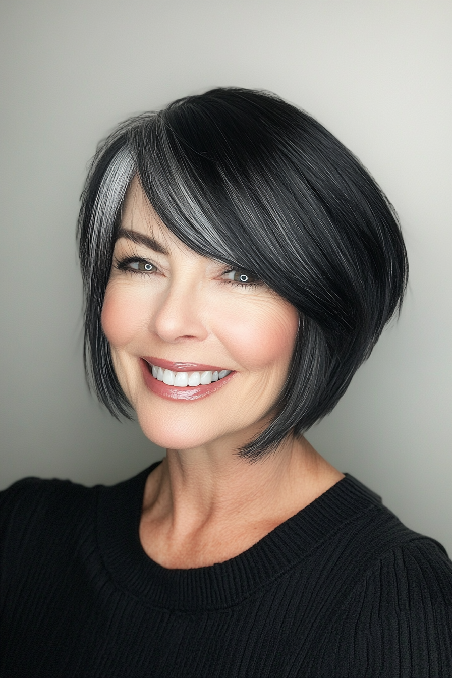 9. Bob with Side-Swept Bangs in Jet Black (Short Hairstyles For Older Women) - Short Hairstyles For Older Women