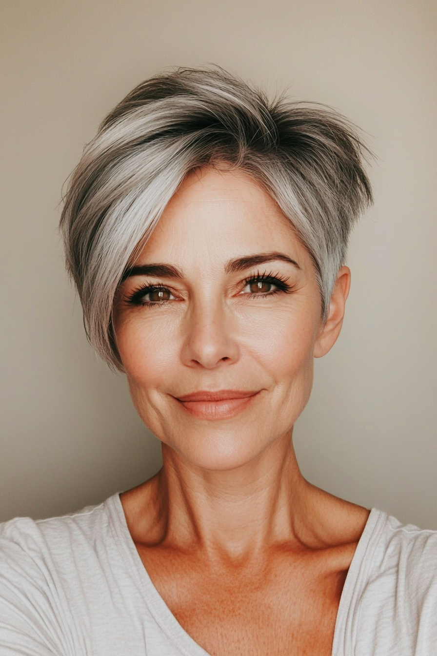 15. Undercut Pixie in Soft Gray (Short Hairstyles For Older Women) - Short Hairstyles For Older Women