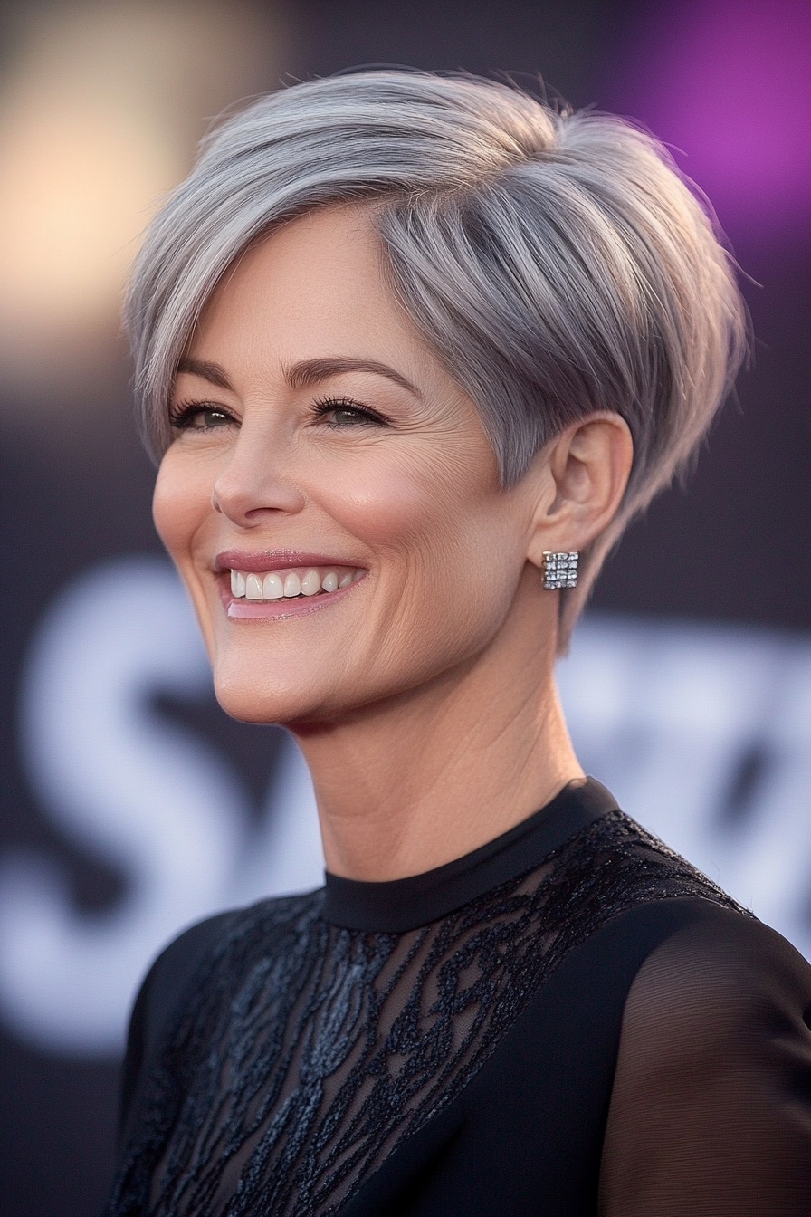 19. Side-Parted Pixie in Cool Steel Gray (Short Hairstyles For Older Women) - Short Hairstyles For Older Women