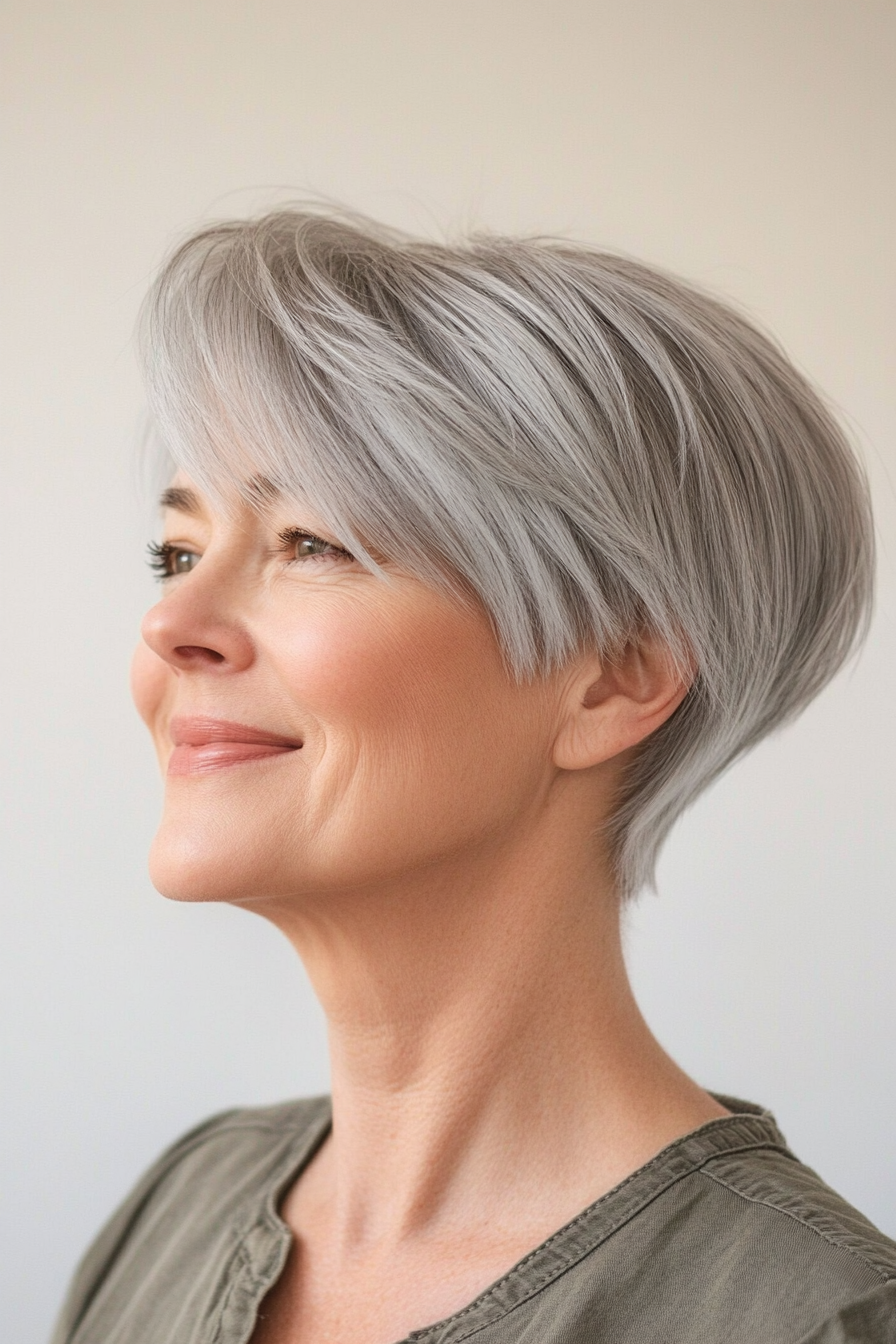 22. Bowl Cut with Frosted Gray Highlights (Short Hairstyles For Older Women) - Short Hairstyles For Older Women