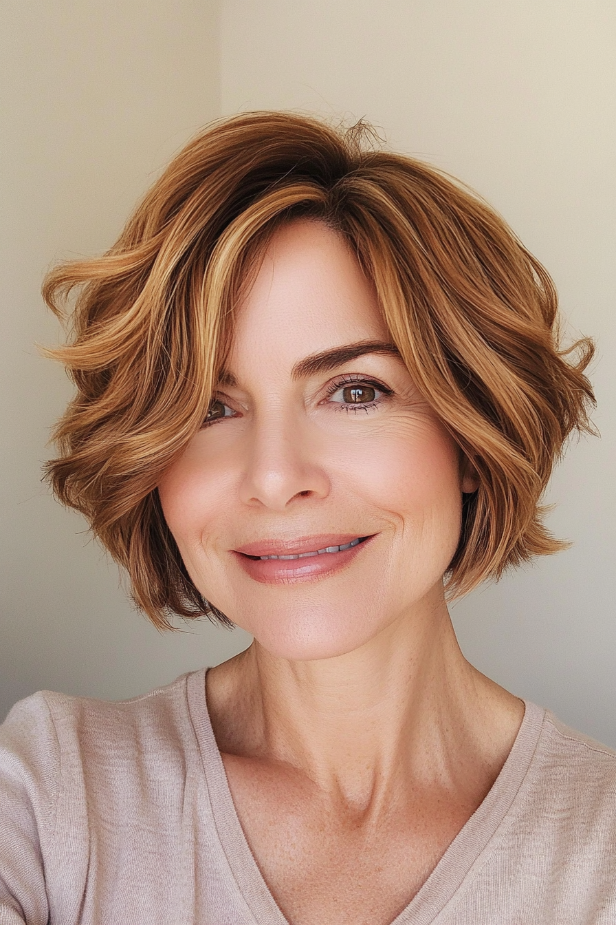 24. Wavy Bob in Golden Brown (Short Hairstyles For Older Women) - Short Hairstyles For Older Women