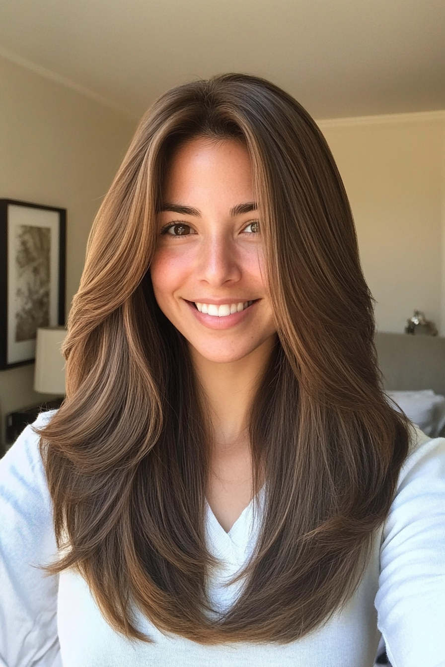 4. Ash Brown Layered V-Cut (Haircuts For Long Hair With Layers) - Haircuts For Long Hair With Layers