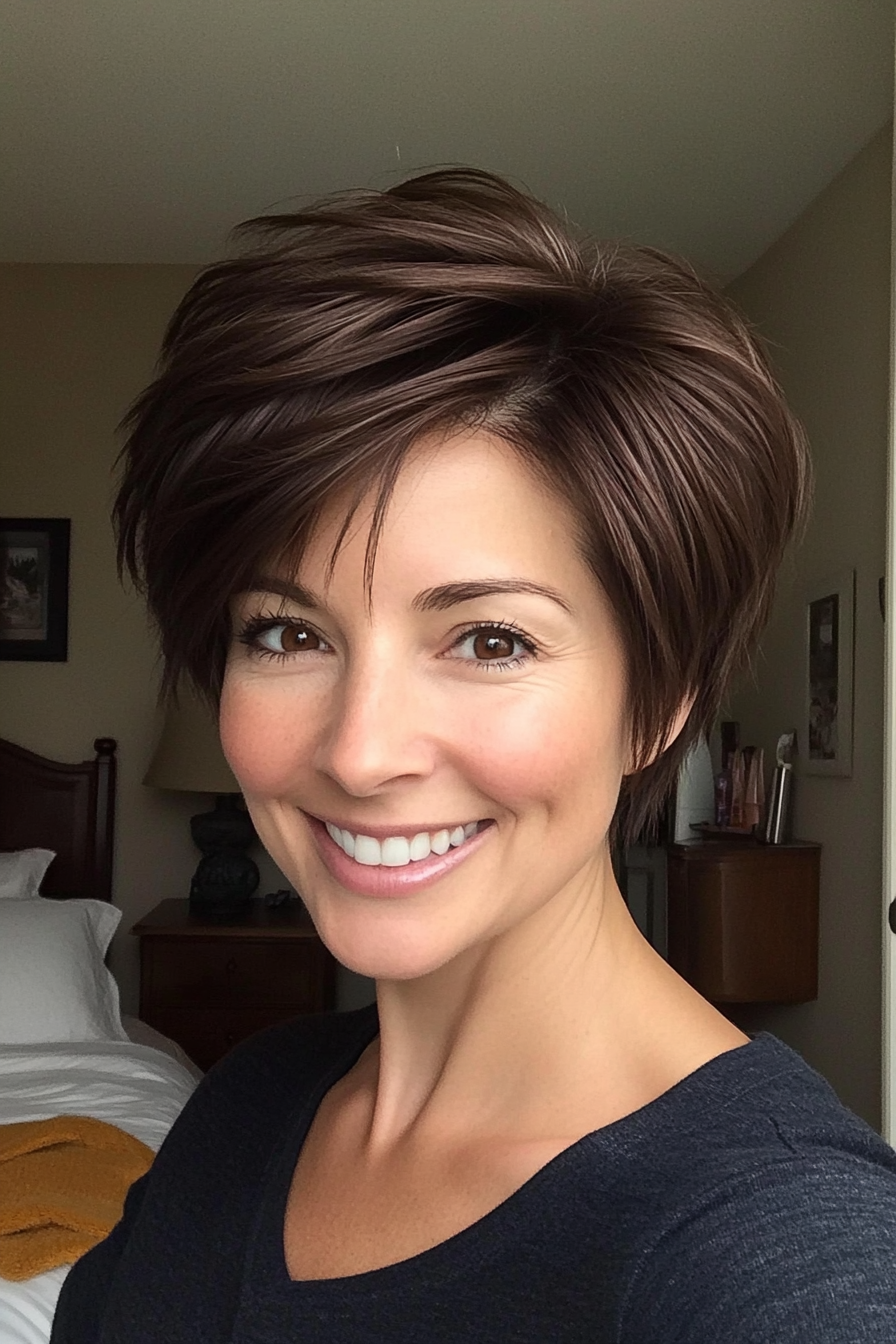 1. Classic Layered Pixie with Dark Chocolate Brown (Pixie Hairstyles For Thin Hair) - Pixie Hairstyles For Thin Hair