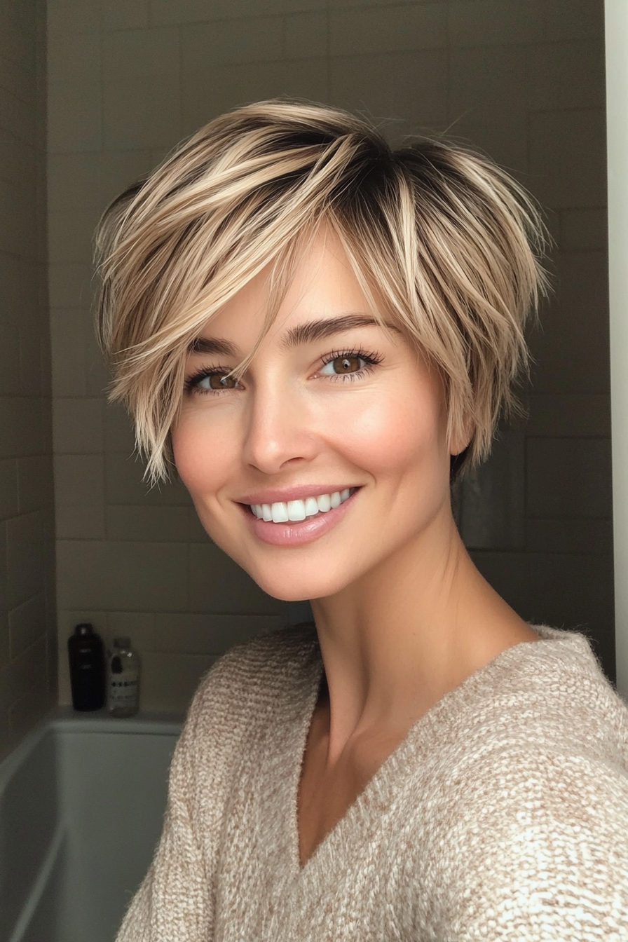 2. Textured Pixie with Sandy Blonde Highlights (Pixie Hairstyles For Thin Hair) - Pixie Hairstyles For Thin Hair