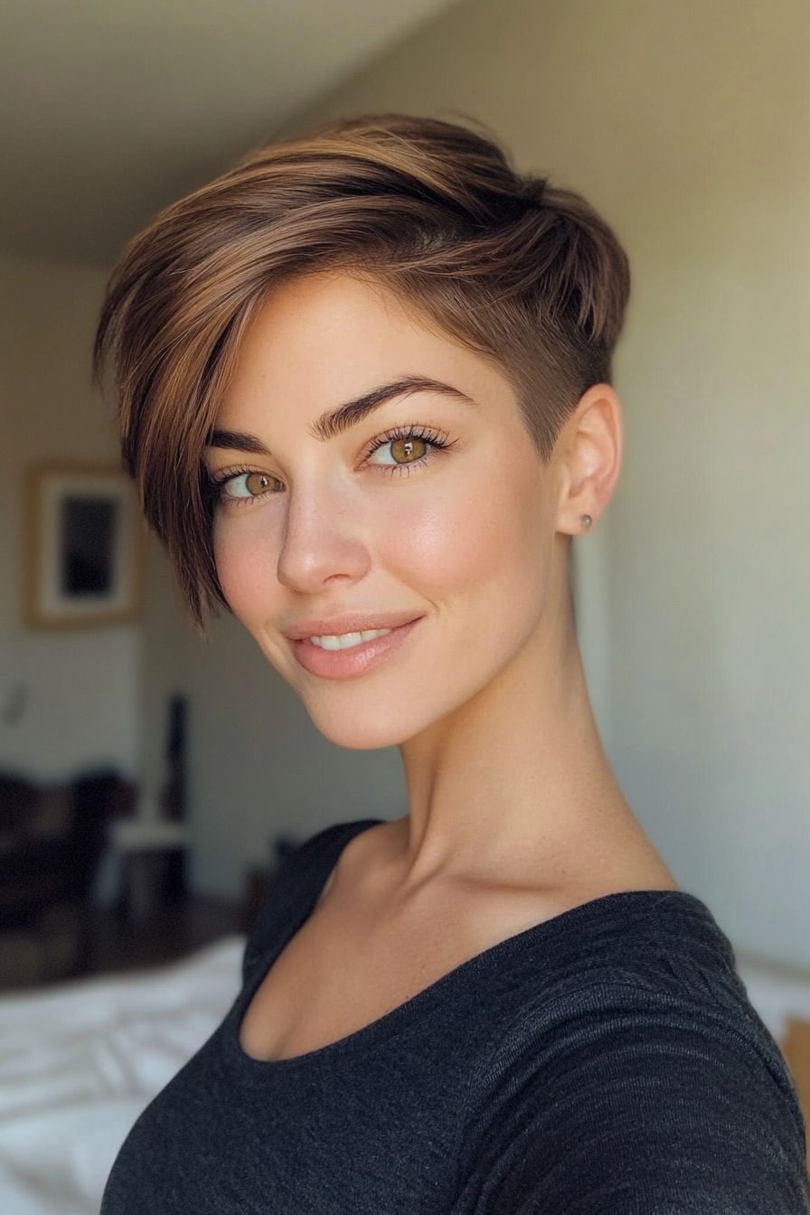 7. Side-Swept Pixie in Caramel Brunette (Pixie Hairstyles For Thin Hair) - Pixie Hairstyles For Thin Hair