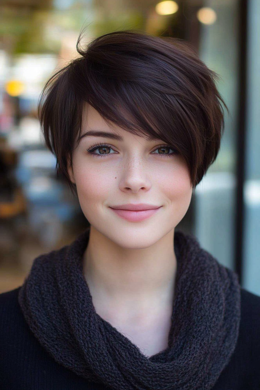 8. Pixie with Long Front Layers in Dark Mahogany (Pixie Hairstyles For Thin Hair) - Pixie Hairstyles For Thin Hair