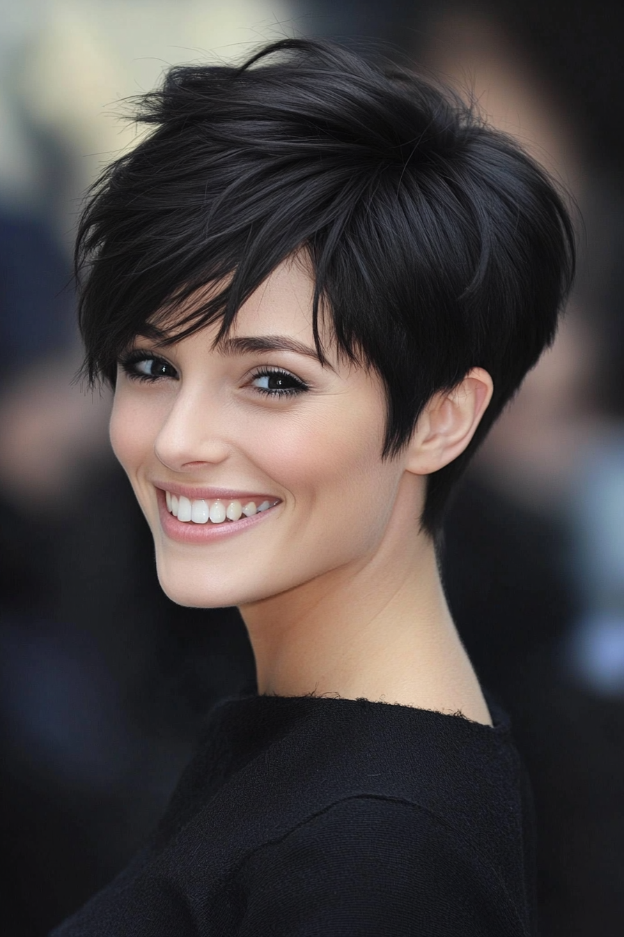 12. Layered Asymmetrical Pixie in Jet Black (Pixie Hairstyles For Thin Hair) - Pixie Hairstyles For Thin Hair