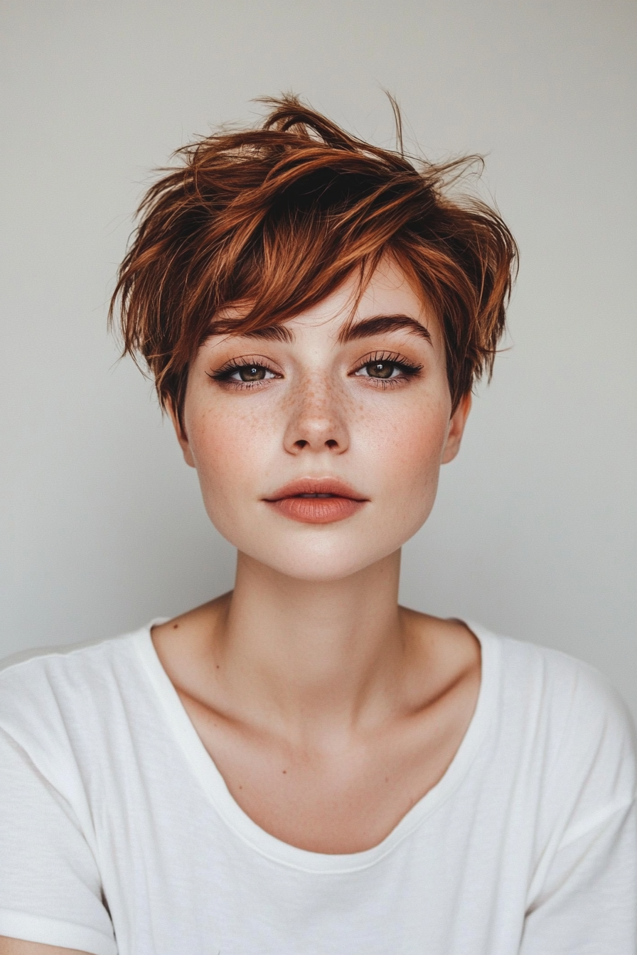 13. Shaggy Pixie with Copper Highlights (Pixie Hairstyles For Thin Hair) - Pixie Hairstyles For Thin Hair