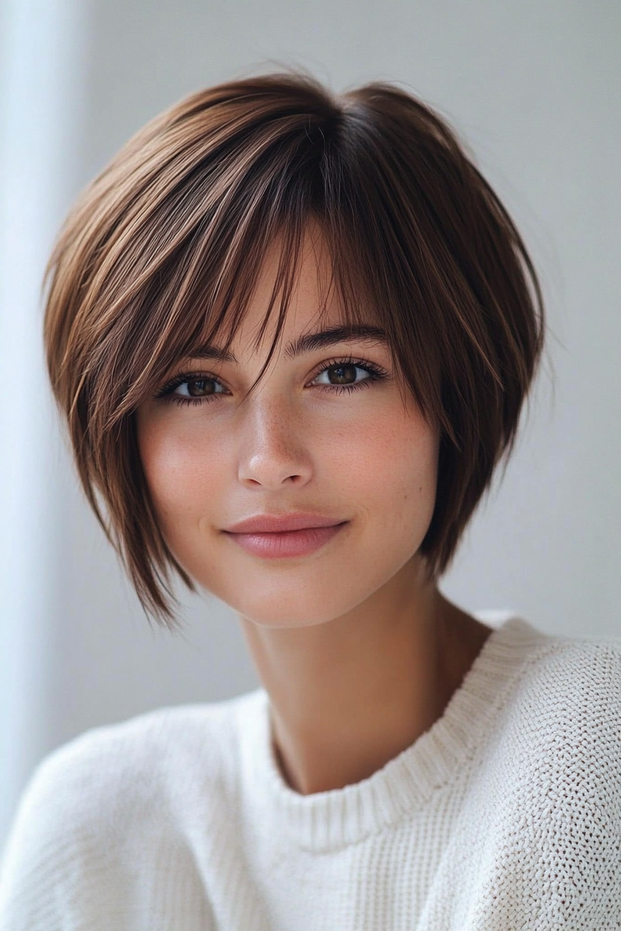 18. Pixie with Long Bangs in Rich Mocha (Pixie Hairstyles For Thin Hair) - Pixie Hairstyles For Thin Hair