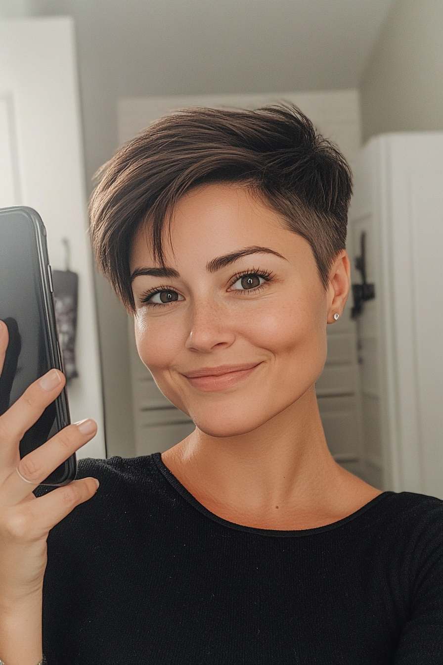 22. Minimalist Pixie in Dark Taupe (Pixie Hairstyles For Thin Hair) - Pixie Hairstyles For Thin Hair