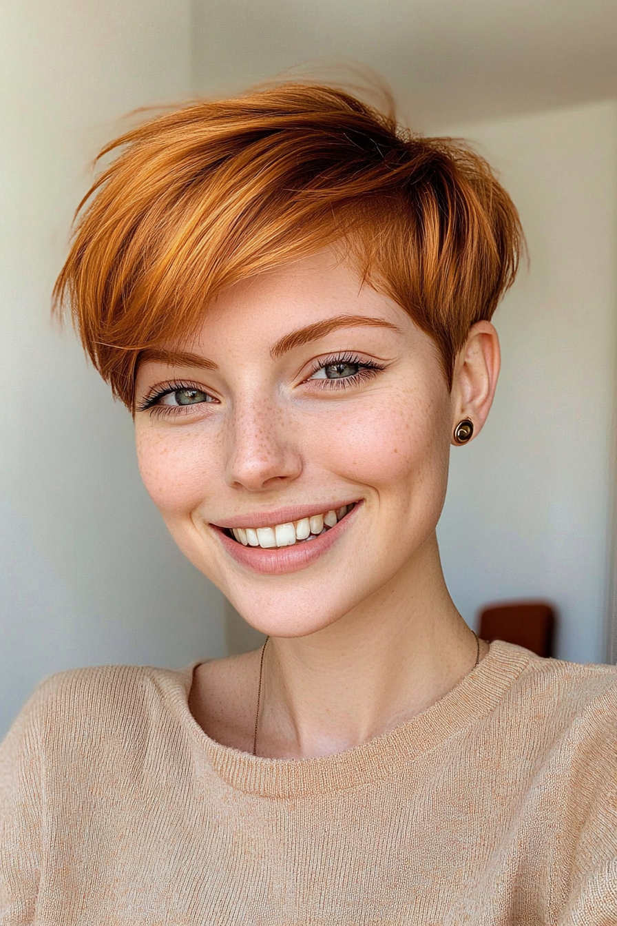 23. Pixie with Baby Bangs in Golden Auburn (Pixie Hairstyles For Thin Hair) - Pixie Hairstyles For Thin Hair