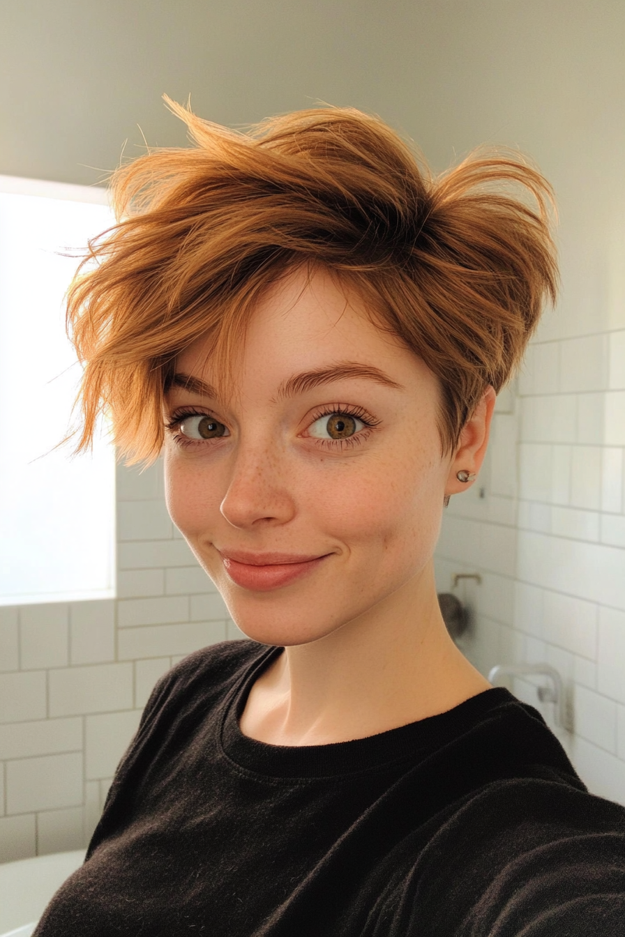 24. Messy Pixie with Soft Caramel Balayage (Pixie Hairstyles For Thin Hair) - Pixie Hairstyles For Thin Hair