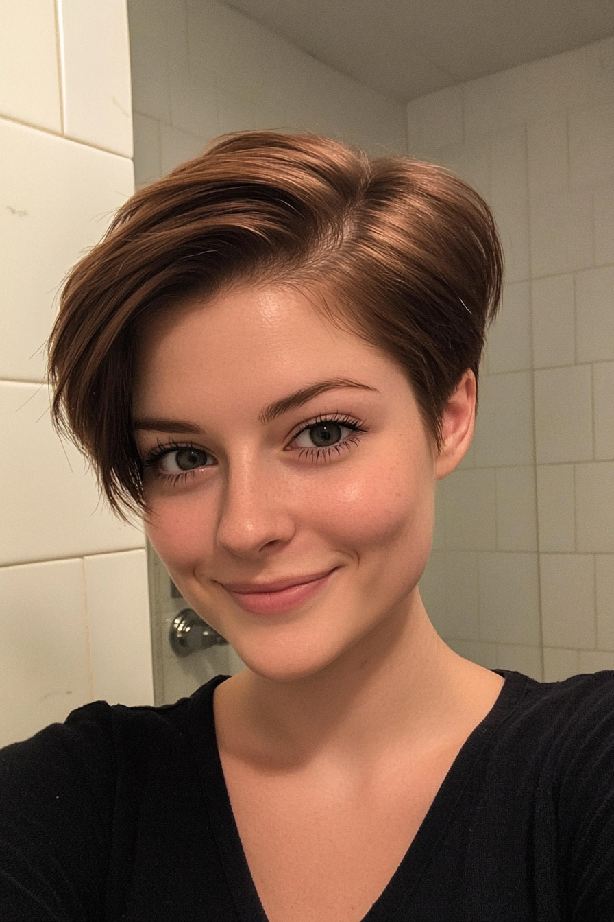 26. Side-Parted Pixie with Chestnut Lowlights (Pixie Hairstyles For Thin Hair) - Pixie Hairstyles For Thin Hair