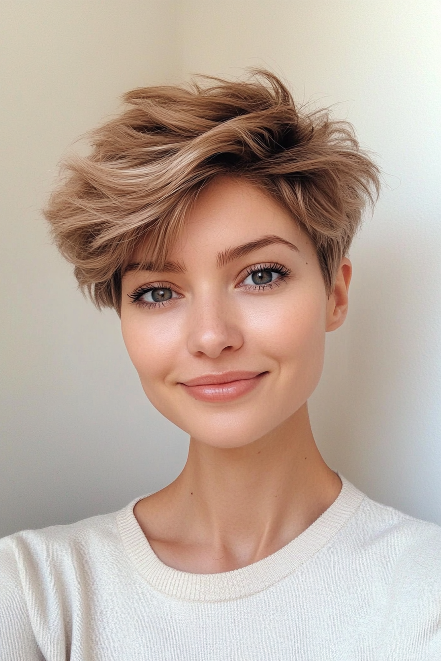 27. Fluffy Layered Pixie in Platinum Beige (Pixie Hairstyles For Thin Hair) - Pixie Hairstyles For Thin Hair
