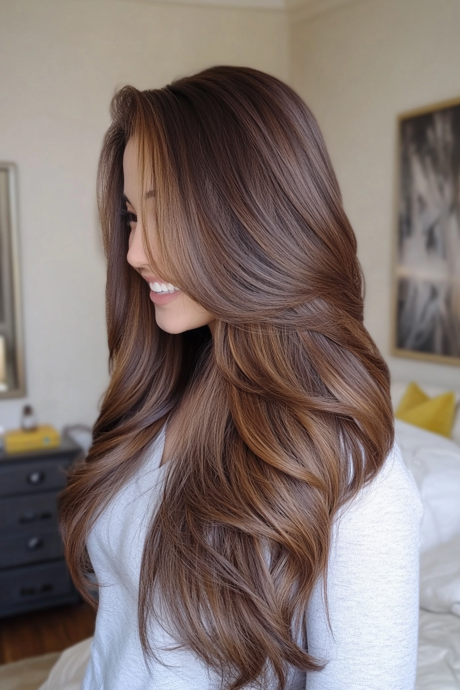 1. Classic Brunette Cascade with Feathered Layers (Haircuts For Long Brown Hair) - Haircuts For Long Brown Hair