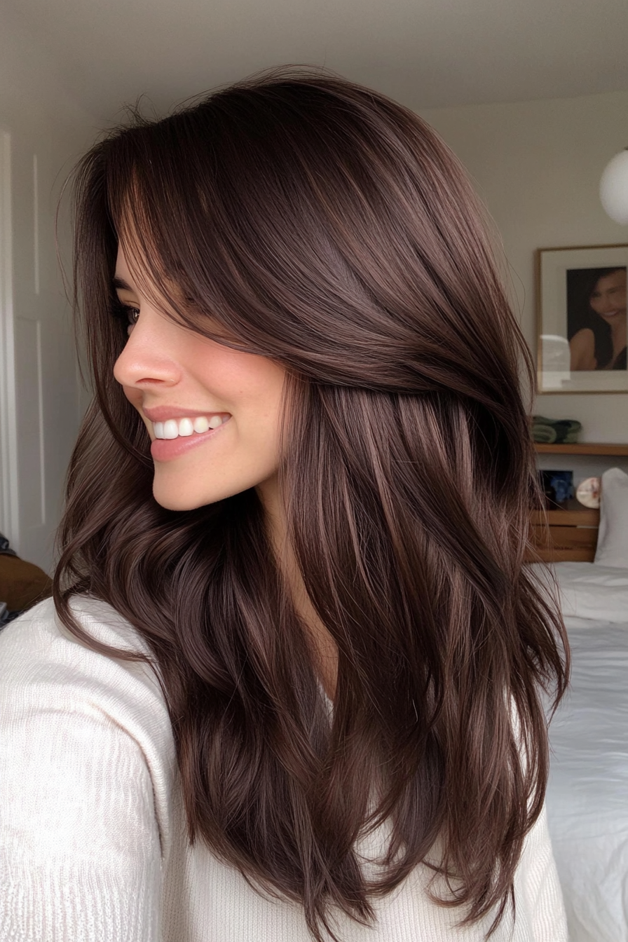 7. Chocolate Brown Wispy Fringe (Haircuts For Long Brown Hair) - Haircuts For Long Brown Hair