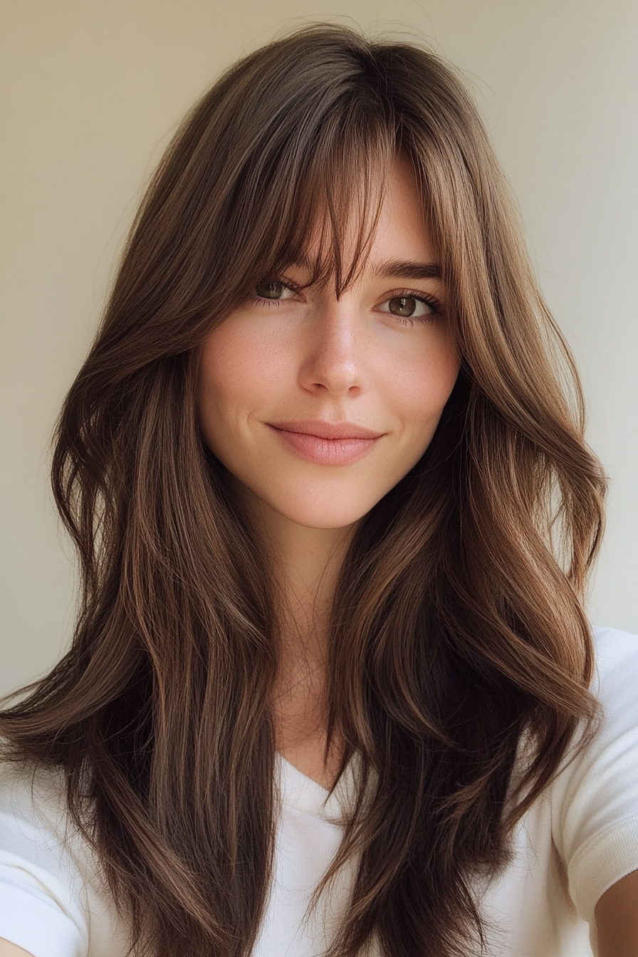 11. Cocoa Brown Curtain Bangs (Haircuts For Long Brown Hair) - Haircuts For Long Brown Hair