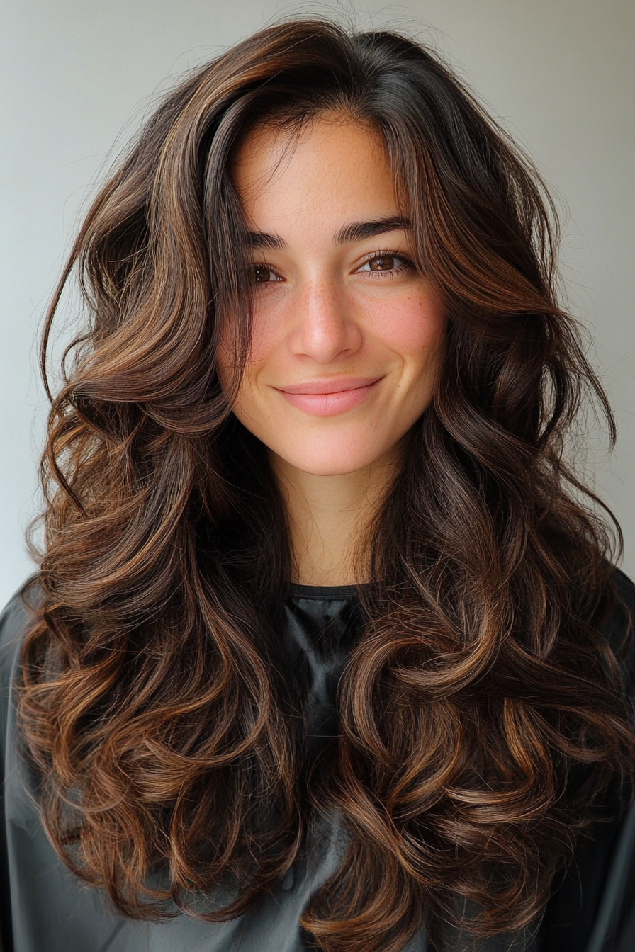 19. Golden Espresso Layered Curls (Haircuts For Long Brown Hair) - Haircuts For Long Brown Hair