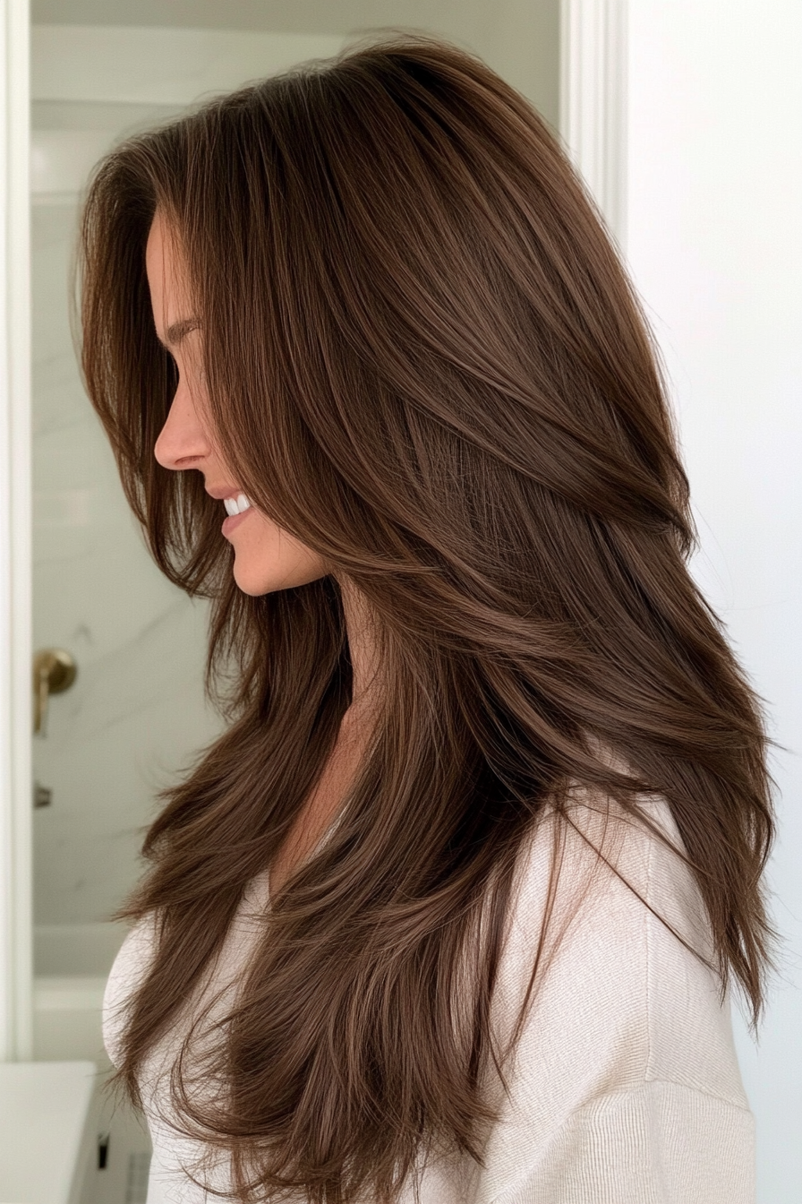 21. Deep Brown Layered V-Cut (Haircuts For Long Brown Hair) - Haircuts For Long Brown Hair