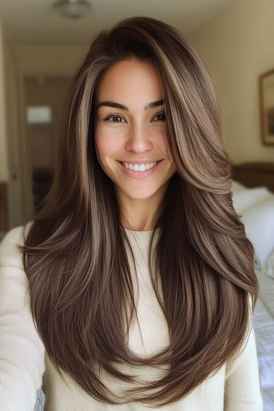 22. Milk Chocolate Long Feathered Cut (Haircuts For Long Brown Hair) - Haircuts For Long Brown Hair