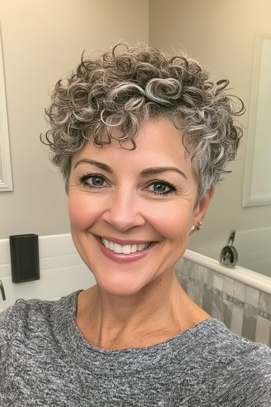 1. Textured Curly Pixie with Salt and Pepper Highlights (Short Curly Hairstyles For Women Over 50) - Short Curly Hairstyles For Women Over 50