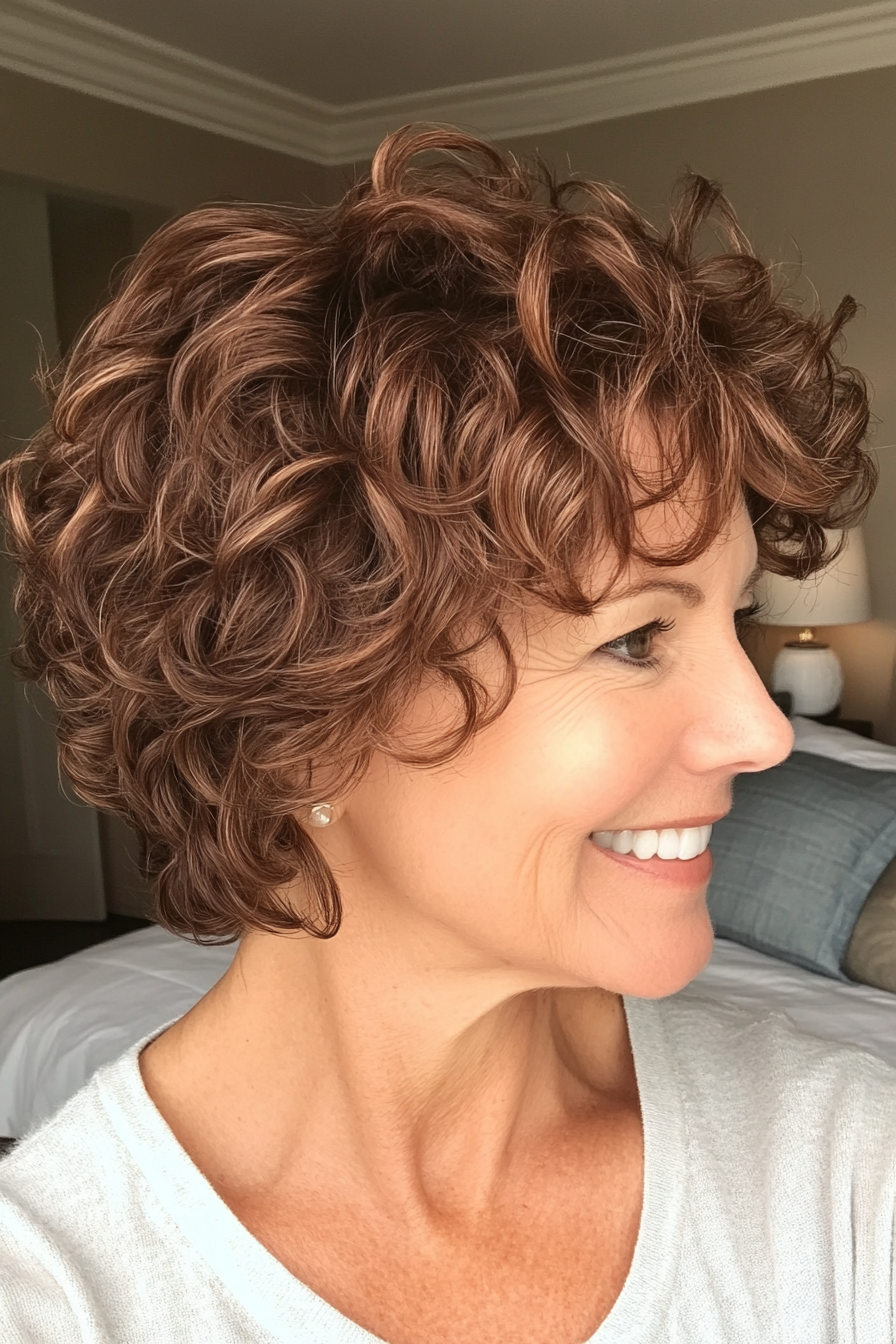 4. Short Curly Shag in Honey Brown (Short Curly Hairstyles For Women Over 50) - Short Curly Hairstyles For Women Over 50
