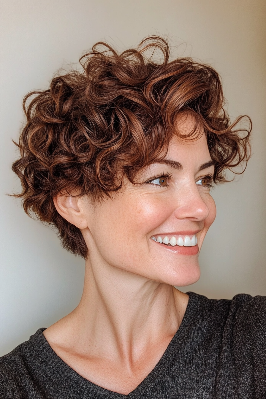 8. Side-Swept Curly Pixie in Dark Mahogany (Short Curly Hairstyles For Women Over 50) - Short Curly Hairstyles For Women Over 50