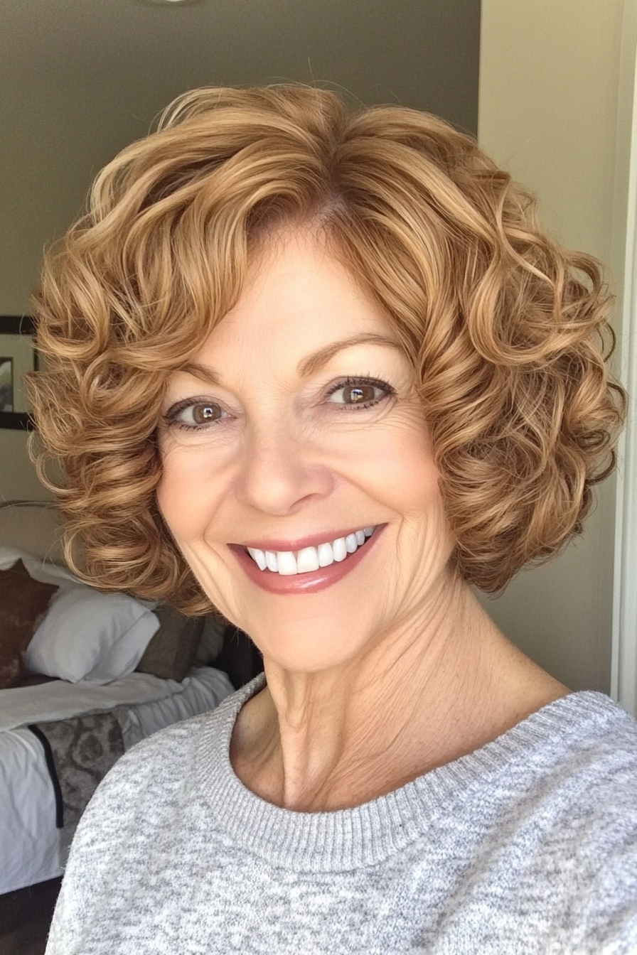 9. Short Angled Bob in Golden Brown (Short Curly Hairstyles For Women Over 50) - Short Curly Hairstyles For Women Over 50
