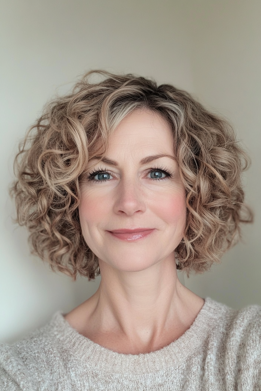 10. Asymmetrical Curly Cut in Sandy Blonde (Short Curly Hairstyles For Women Over 50) - Short Curly Hairstyles For Women Over 50