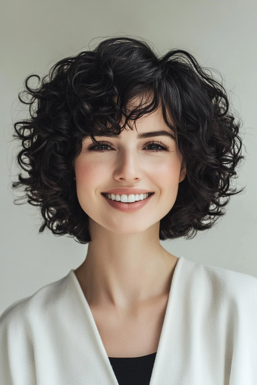 11. Voluminous Curly Bob in Jet Black (Short Curly Hairstyles For Women Over 50) - Short Curly Hairstyles For Women Over 50