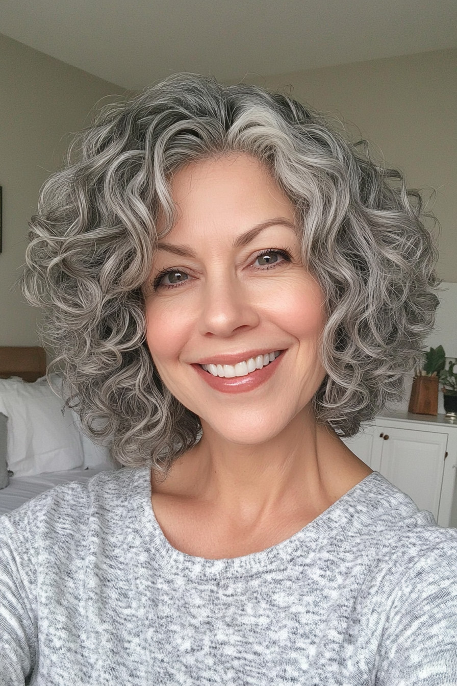 14. Tapered Curly Bob with Soft Gray (Short Curly Hairstyles For Women Over 50) - Short Curly Hairstyles For Women Over 50