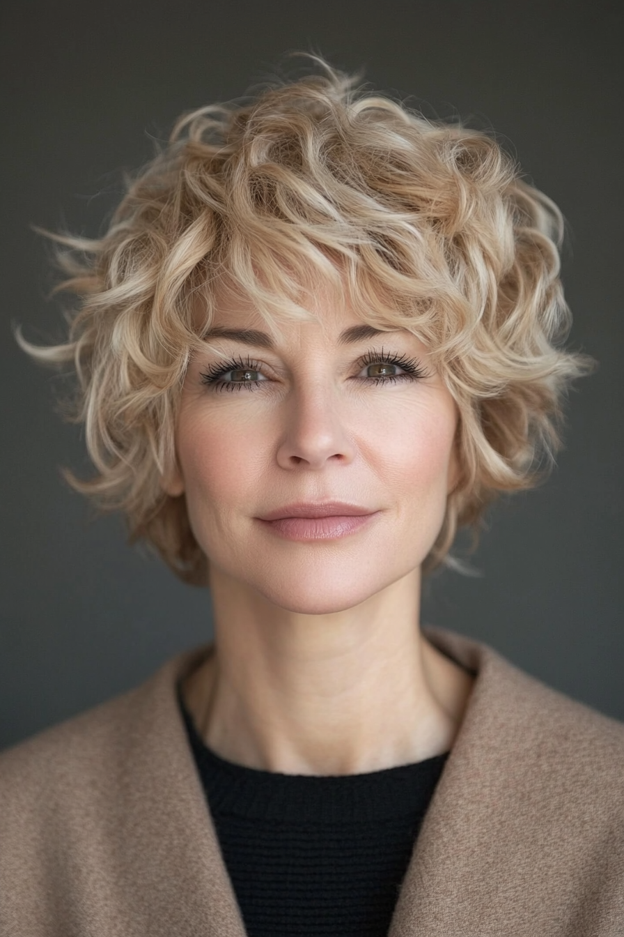 16. Short Curly Mullet in Warm Beige Blonde (Short Curly Hairstyles For Women Over 50) - Short Curly Hairstyles For Women Over 50