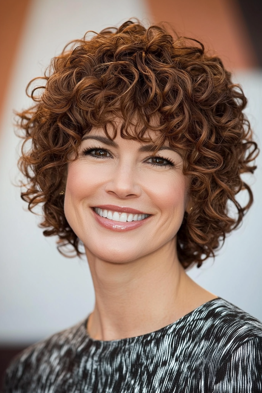 17. Curly Fringe Cut in Mocha Brown (Short Curly Hairstyles For Women Over 50) - Short Curly Hairstyles For Women Over 50