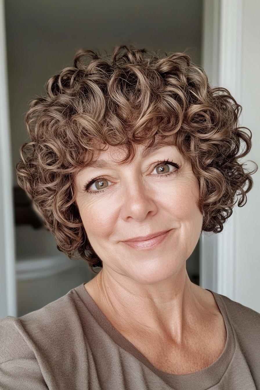 18. Ear-Length Curly Crop in Ash Brown (Short Curly Hairstyles For Women Over 50) - Short Curly Hairstyles For Women Over 50