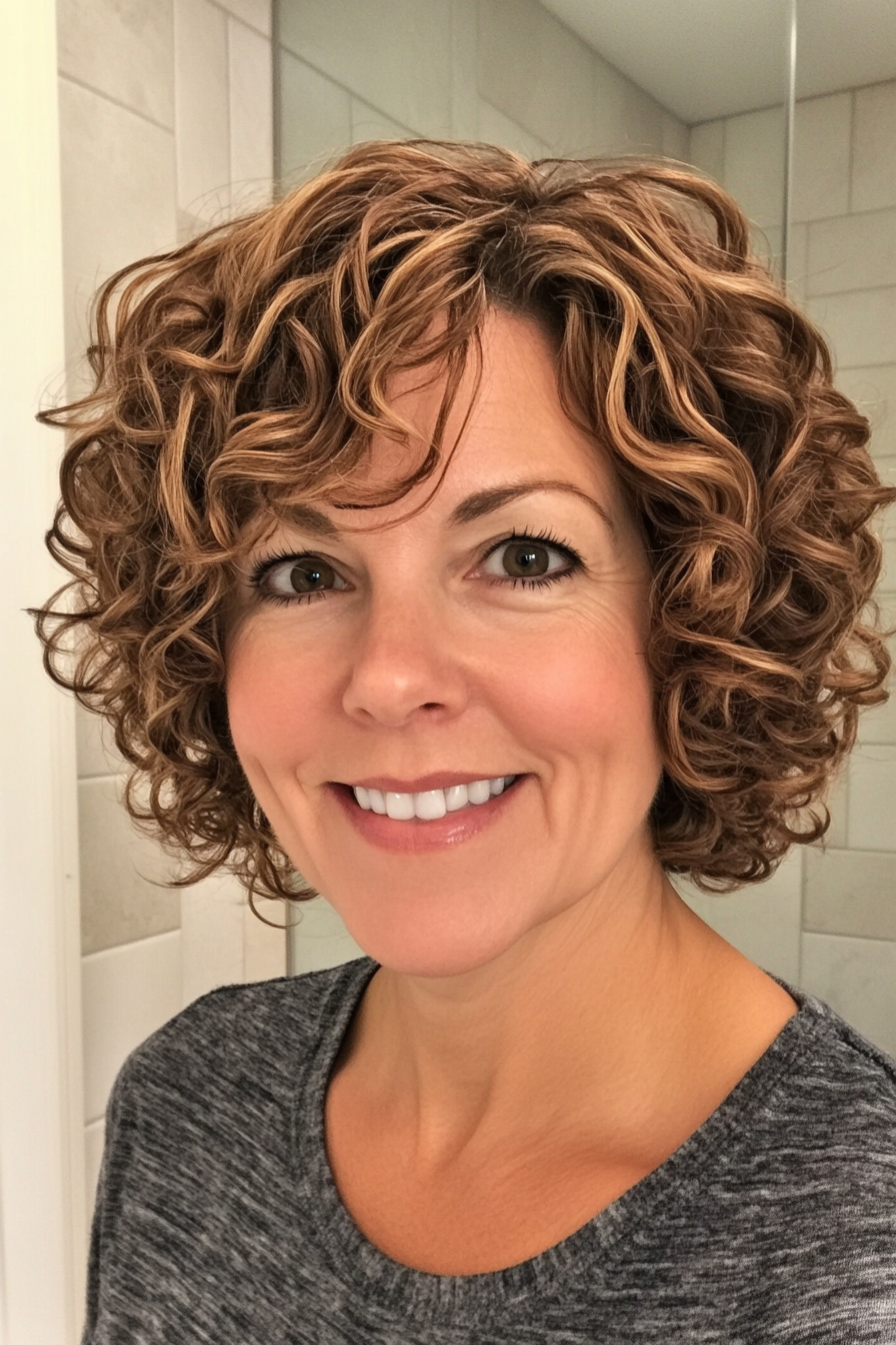 19. Soft Curly Bob with Caramel Brown (Short Curly Hairstyles For Women Over 50) - Short Curly Hairstyles For Women Over 50