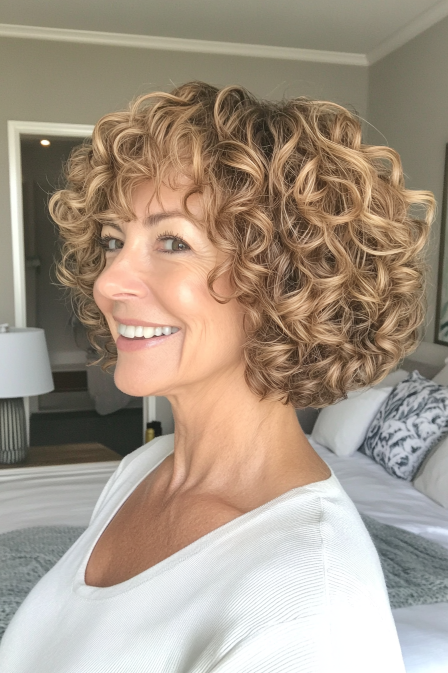 21. Stacked Curly Bob in Honey Blonde (Short Curly Hairstyles For Women Over 50) - Short Curly Hairstyles For Women Over 50