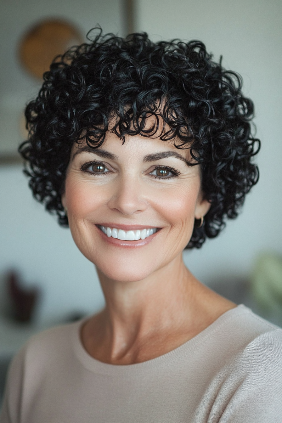22. Pixie with Face-Framing Curls in Soft Black (Short Curly Hairstyles For Women Over 50) - Short Curly Hairstyles For Women Over 50