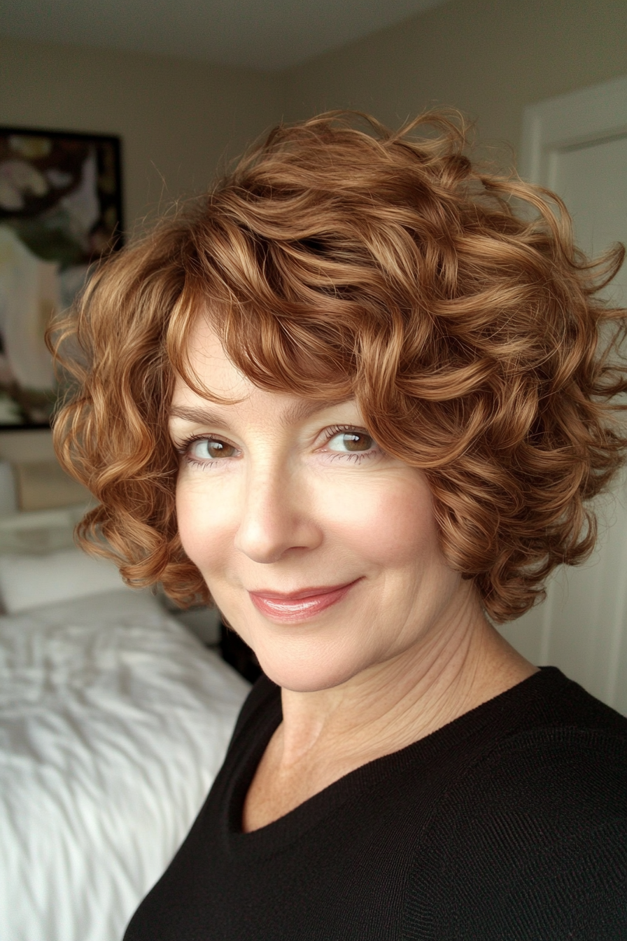 23. Loose Curly Bob with Light Chestnut Brown (Short Curly Hairstyles For Women Over 50) - Short Curly Hairstyles For Women Over 50