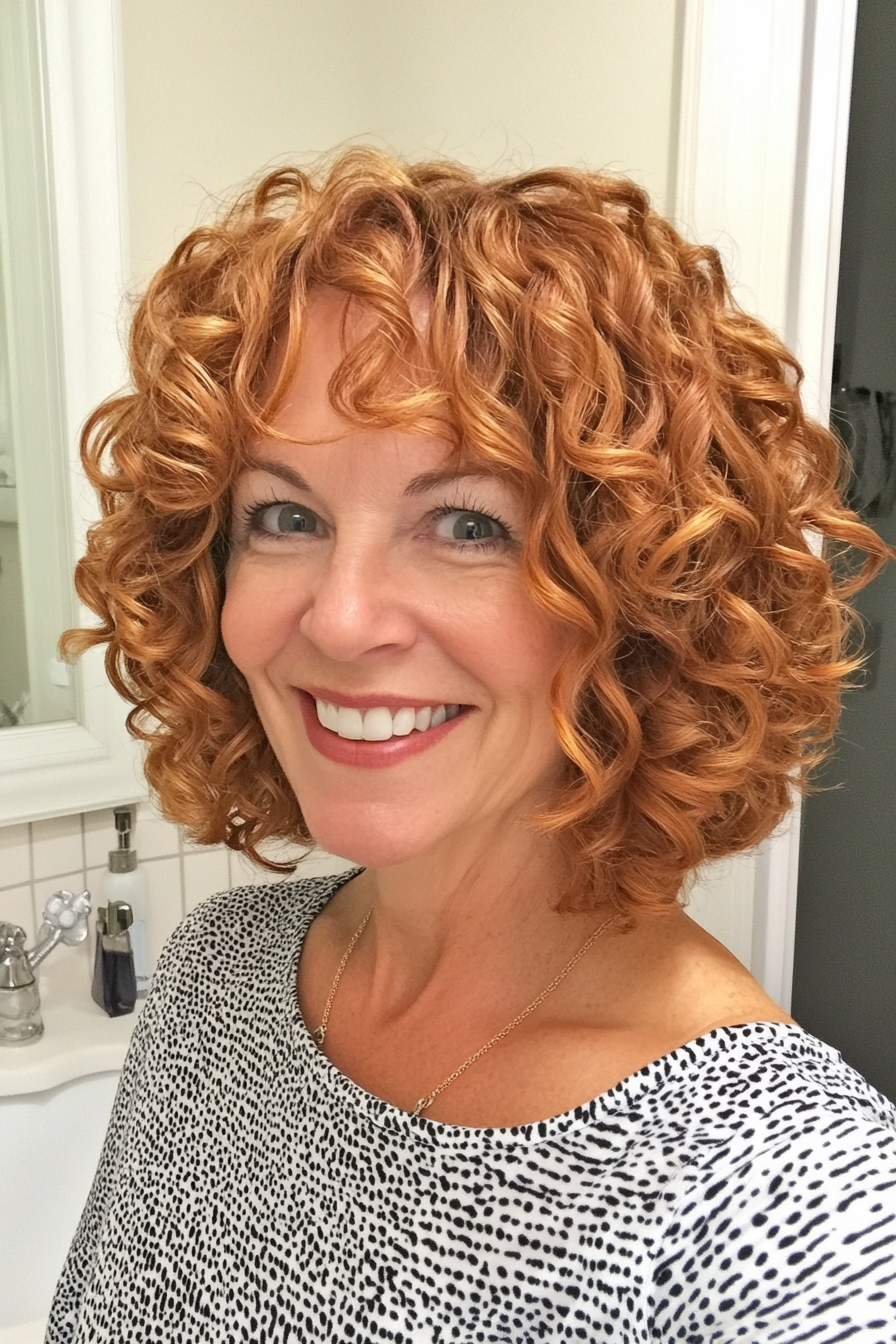 26. Curly Cropped Lob with Golden Auburn (Short Curly Hairstyles For Women Over 50) - Short Curly Hairstyles For Women Over 50