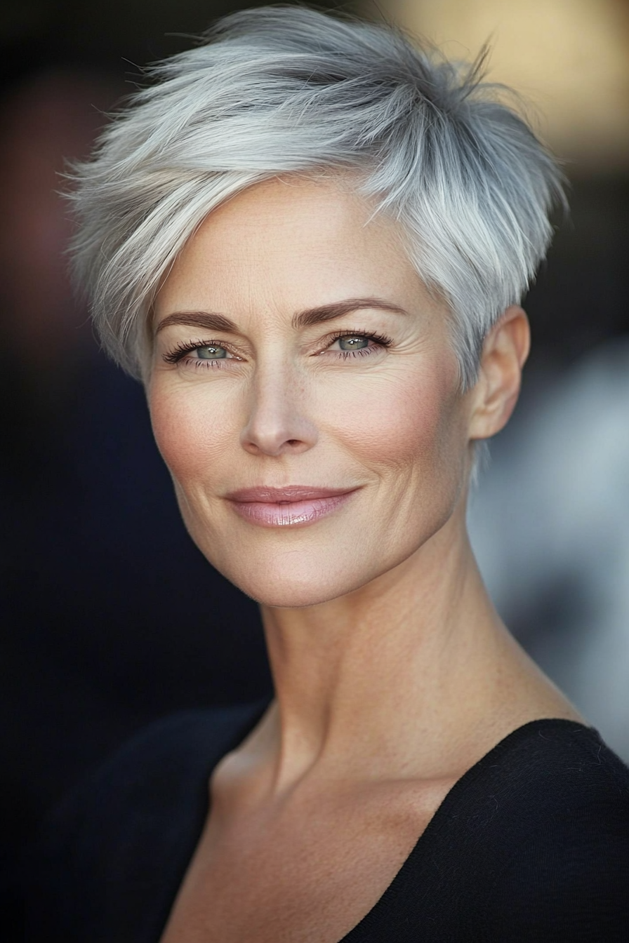 2. Feathered Pixie in Silver Blonde (Haircuts For Women Over 60 With Thin Hair) - Haircuts For Women Over 60 With Thin Hair