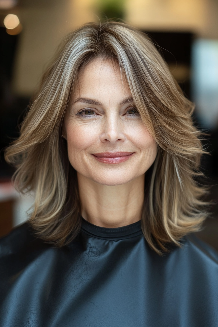 6. Curtain Bangs with Light Caramel Highlights (Haircuts For Women Over 60 With Thin Hair) - Haircuts For Women Over 60 With Thin Hair