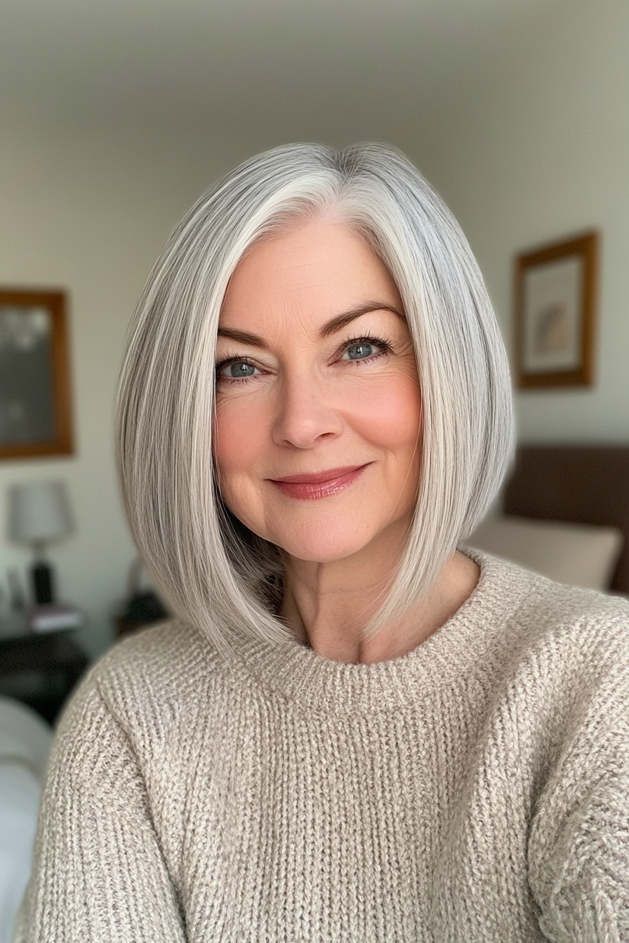 7. Blunt Cut Bob in Salt-and-Pepper (Haircuts For Women Over 60 With Thin Hair) - Haircuts For Women Over 60 With Thin Hair
