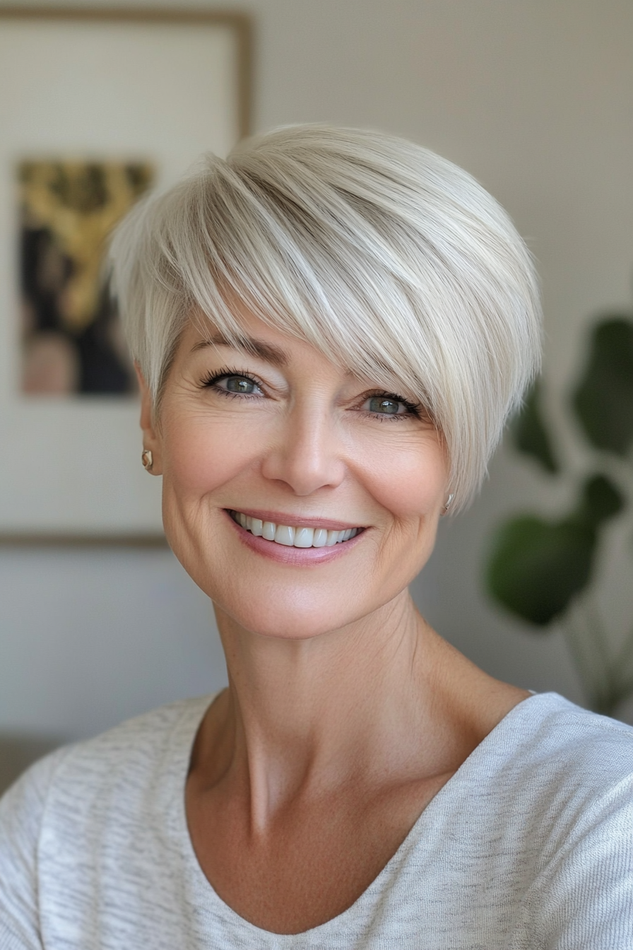 9. Side-Swept Pixie in Light Ash Blonde (Haircuts For Women Over 60 With Thin Hair) - Haircuts For Women Over 60 With Thin Hair