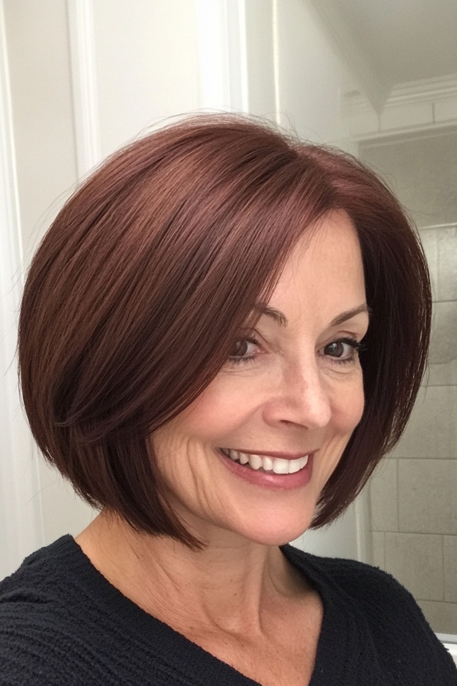 14. Rounded Bob in Deep Mahogany (Haircuts For Women Over 60 With Thin Hair) - Haircuts For Women Over 60 With Thin Hair