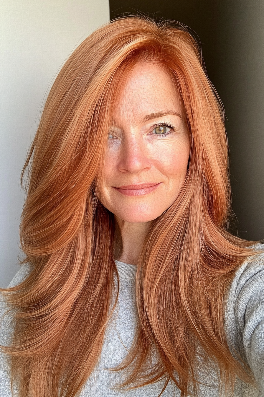 16. Long Layers with Subtle Cinnamon Hue (Haircuts For Women Over 60 With Thin Hair) - Haircuts For Women Over 60 With Thin Hair