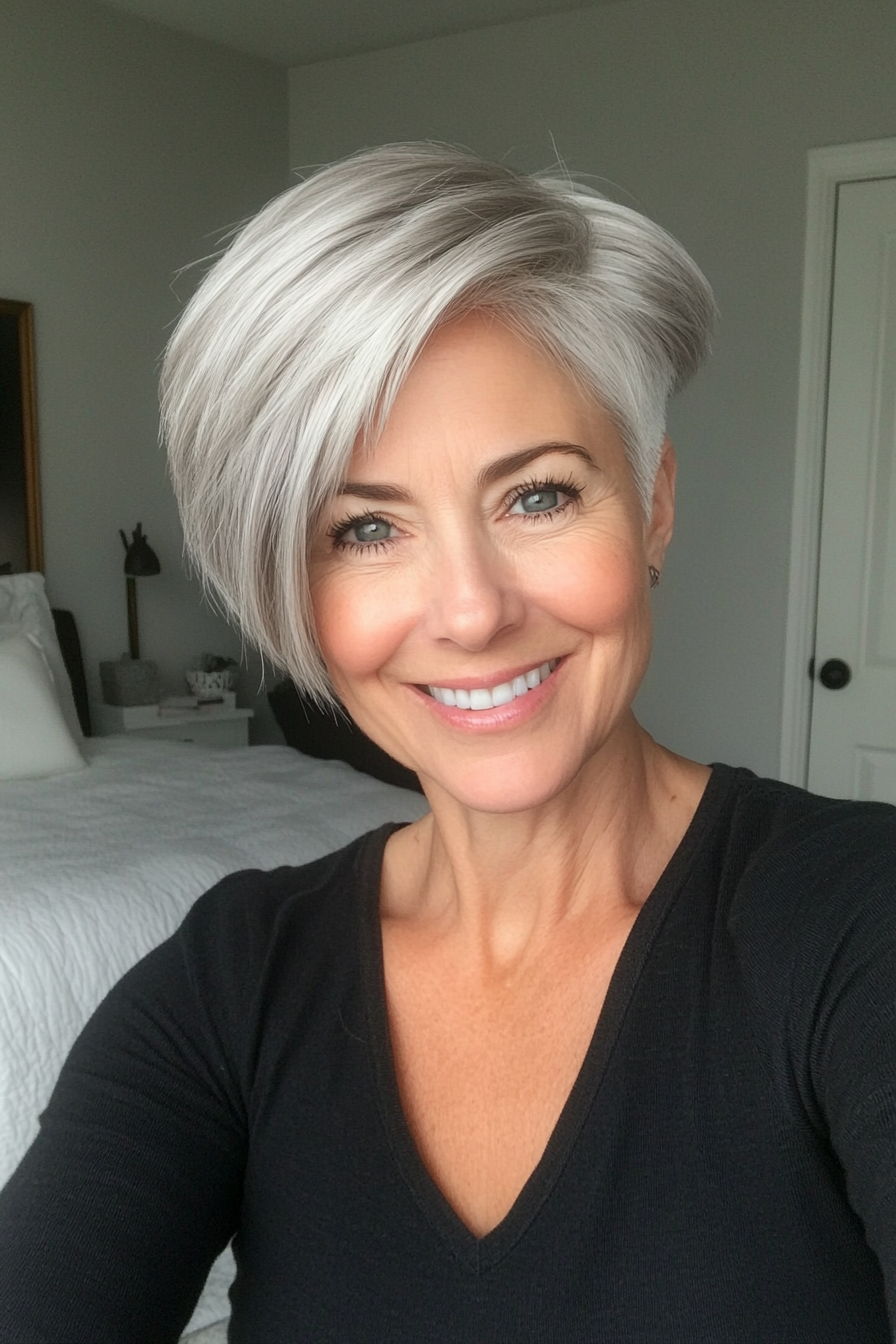 23. Side-Parted Pixie in Natural Silver (Haircuts For Women Over 60 With Thin Hair) - Haircuts For Women Over 60 With Thin Hair