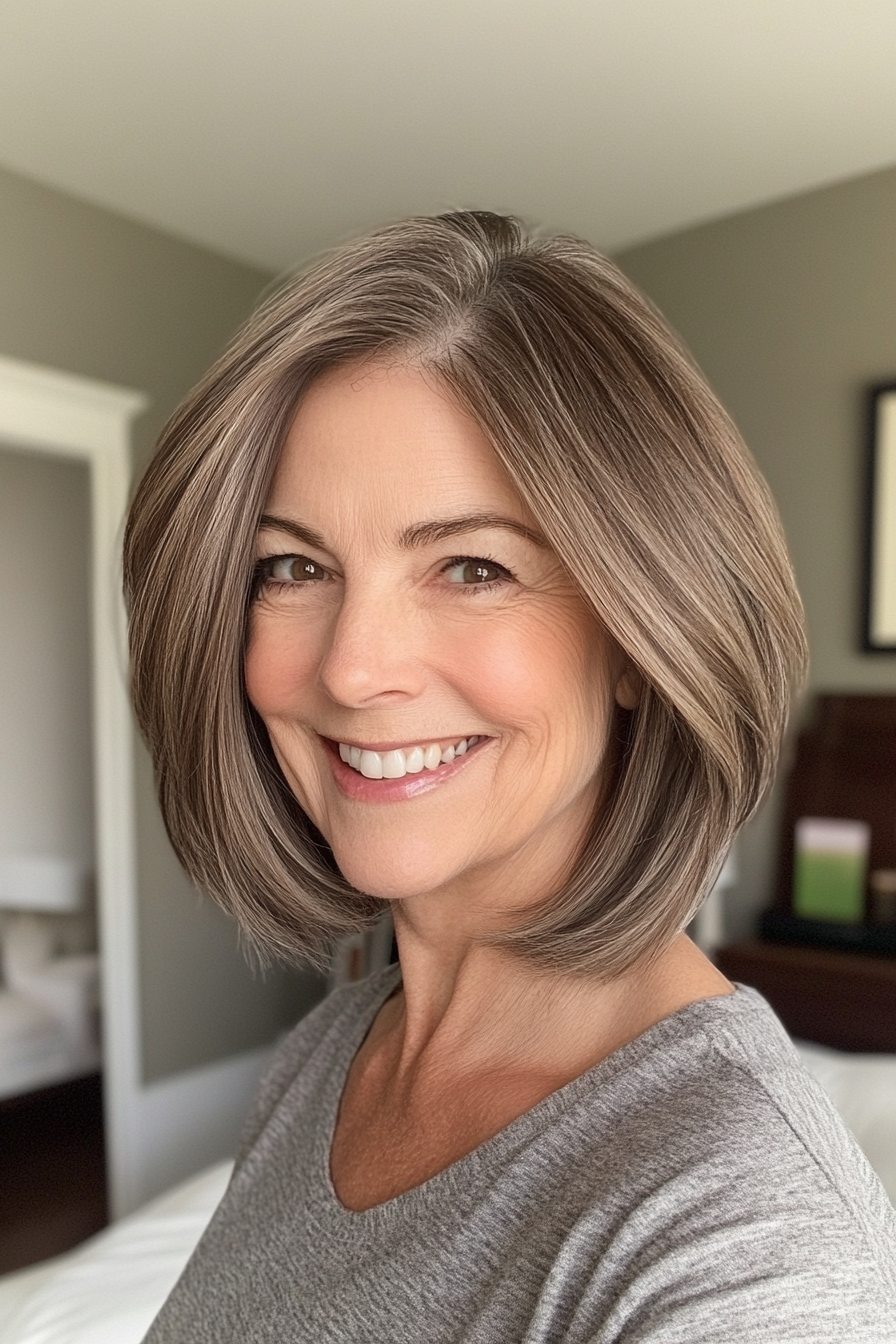 26. Graduated Bob in Natural Ash Brown (Haircuts For Women Over 60 With Thin Hair) - Haircuts For Women Over 60 With Thin Hair