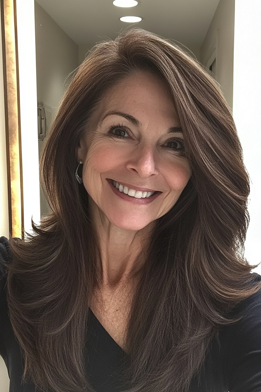 27. Side-Swept Layers in Warm Chocolate (Haircuts For Women Over 60 With Thin Hair) - Haircuts For Women Over 60 With Thin Hair