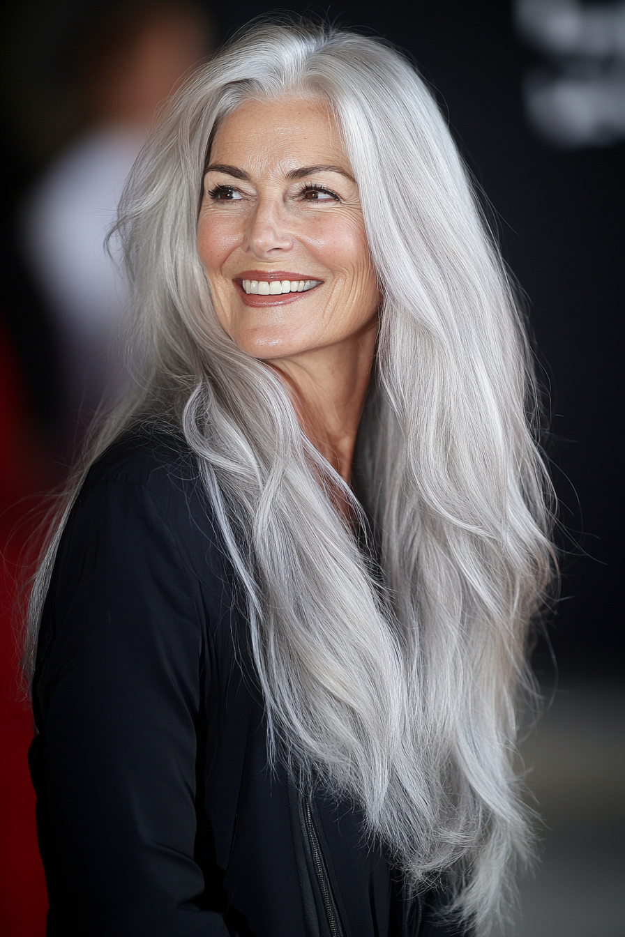 1. Silver Layered Cascade (Long Hairstyles For Women Over 60) - Long Hairstyles For Women Over 60