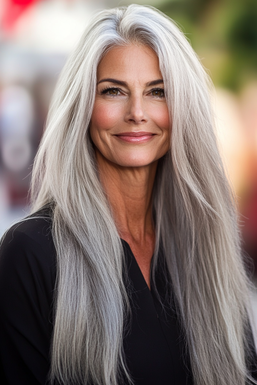 6. Platinum Glossy Layers (Long Hairstyles For Women Over 60) - Long Hairstyles For Women Over 60